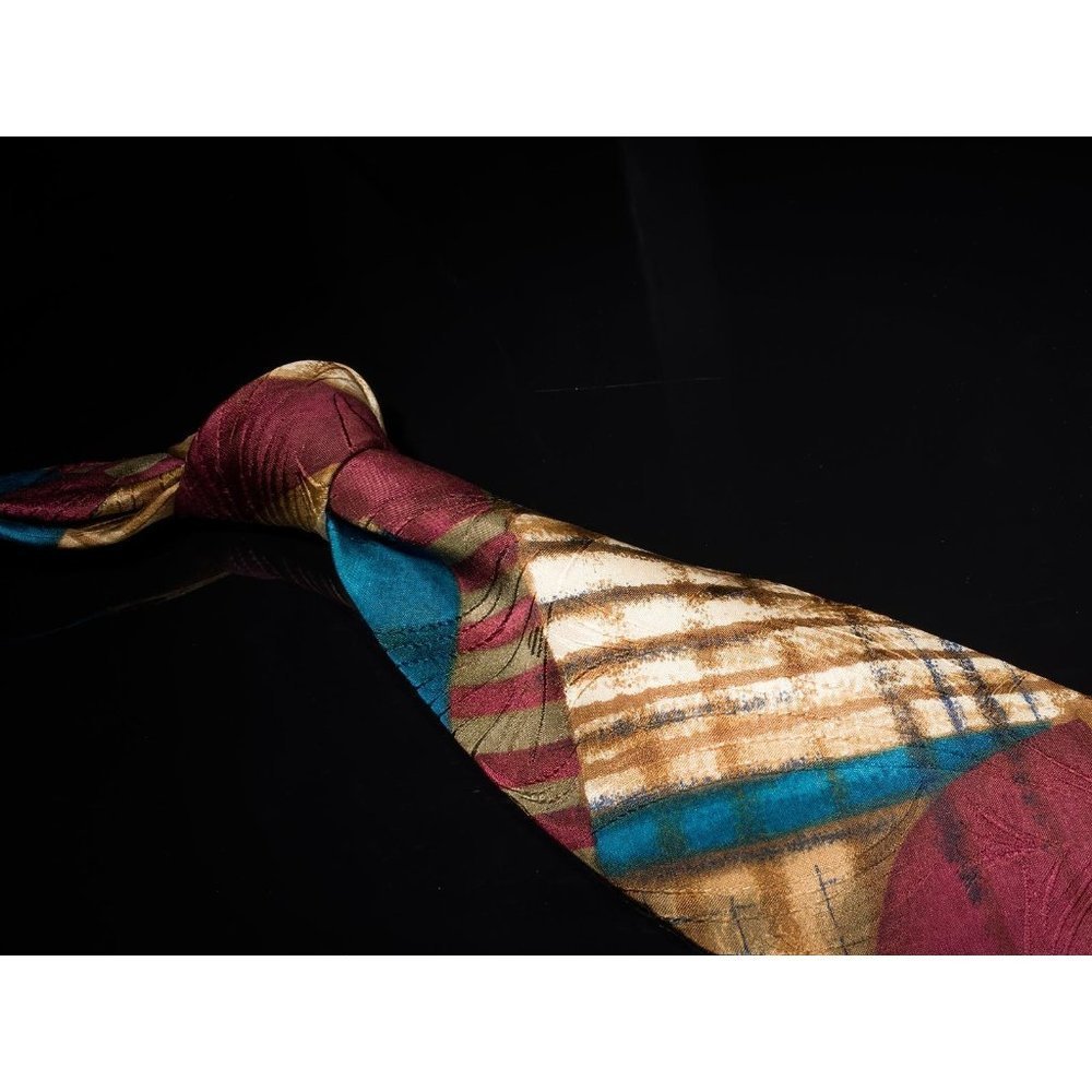 Vintage Bugatti Burgundy Tan Abstract 100% Silk Mens Designer Tie
